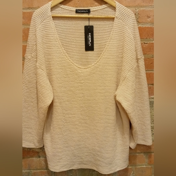 INCERUN Fashion Simple V-Neck Long Sleeve Thin Knitted Sweater Cream XL - Picture 8 of 8
